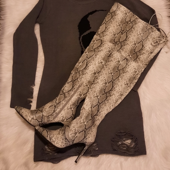 Snake Skin Over the Knee Leather Stiletto Boots - Picture 11 of 16